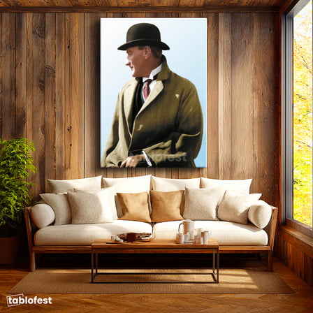 Dikey Kanvas Tablo Atatürk Eldivenli Melon Şapka Atatürk Tablosu Ev Ofis Duvar Dekoru