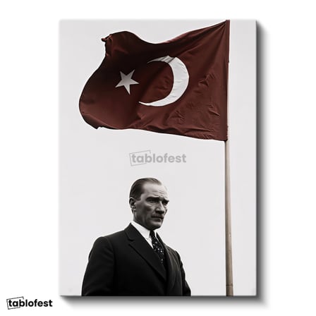 Dikey Kanvas Tablo Atatürk ve Dalgalanan Türk Bayrağı Atatürk Tablosu Ev Ofis Duvar Dekoru