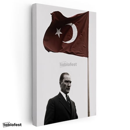 Dikey Kanvas Tablo Atatürk ve Dalgalanan Türk Bayrağı Atatürk Tablosu Ev Ofis Duvar Dekoru
