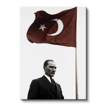 Dikey Kanvas Tablo Atatürk ve Dalgalanan Türk Bayrağı Atatürk Tablosu Ev Ofis Duvar Dekoru