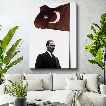 Dikey Kanvas Tablo Atatürk ve Dalgalanan Türk Bayrağı Atatürk Tablosu Ev Ofis Duvar Dekoru
