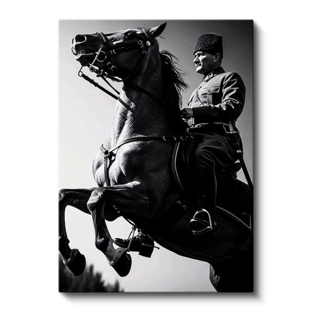 Dikey Kanvas Tablo Atatürk Üniformalı Şahlanan At Atatürk Tablosu Ev Ofis Duvar Dekoru