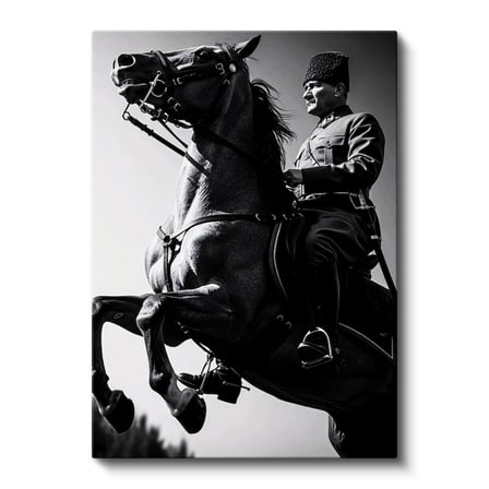 Dikey Kanvas Tablo Atatürk Üniformalı Şahlanan At Atatürk Tablosu Ev Ofis Duvar Dekoru