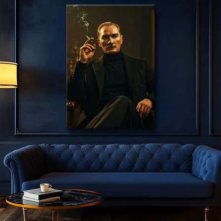 Dikey Kanvas Tablo Atatürk Boğazlı Kazak Ceket Sigara Atatürk Tablosu Ev Ofis Duvar Dekoru