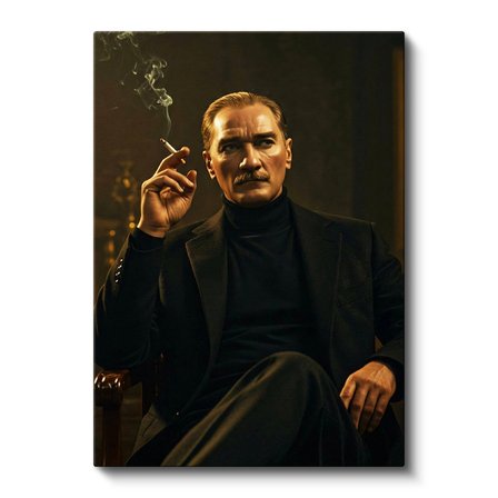 Dikey Kanvas Tablo Atatürk Boğazlı Kazak Ceket Sigara Atatürk Tablosu Ev Ofis Duvar Dekoru