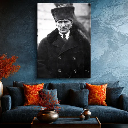 Dikey Kanvas Tablo Atatürk Kalpaklı Kürklü Palto Kışlık Atatürk Tablosu Ev Ofis Duvar Dekoru