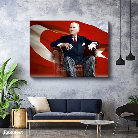 Yatay Kanvas Tablo Atatürk Koltukta Asil Duruş Atatürk Tablosu Ev Ofis Duvar Dekoru