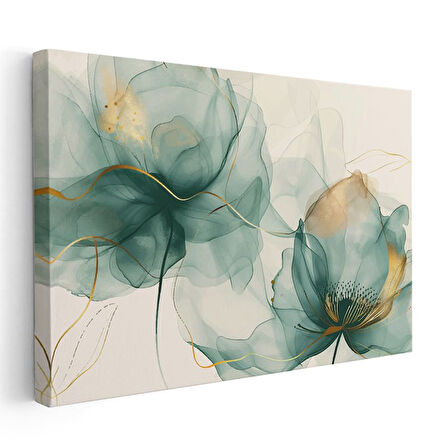 Lüks Çiçek Sanatı - Altın Turkuaz 3D Kabartma Görünümlü Dekoratif Tasarım Kanvas Tablo