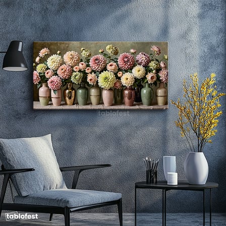Yatay Panoramik Kanvas Tablo Dahlia Çiçekleri Çiçek Tablosu Ev Ofis Duvar Dekoru