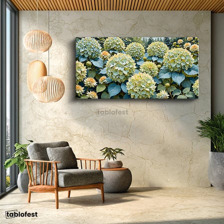 Yatay Panoramik Kanvas Tablo Hortensia Çiçekleri Botanik Tablo Ev Ofis Duvar Dekoru