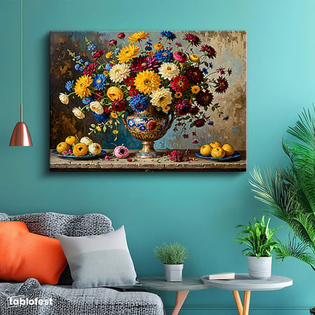 Yatay Kanvas Tablo Çiçek Buketi ve Meyveler Natürmort Tablo Ev Ofis Duvar Dekoru