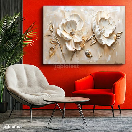 Yatay Kanvas Tablo Kabartma Görünümlü Gül Çiçek Tablosu Ev Ofis Duvar Dekoru