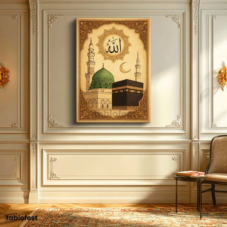 Dikey Kanvas Tablo Kabe ve Mescidi Nebevi Yeşil Kubbe Dini İslami Tablo Ev Ofis Duvar Dekoru