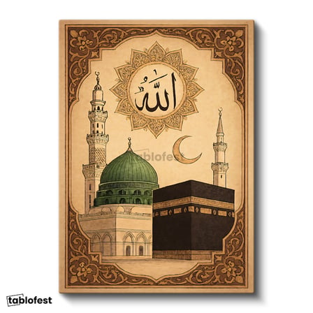 Dikey Kanvas Tablo Kabe ve Mescidi Nebevi Yeşil Kubbe Dini İslami Tablo Ev Ofis Duvar Dekoru