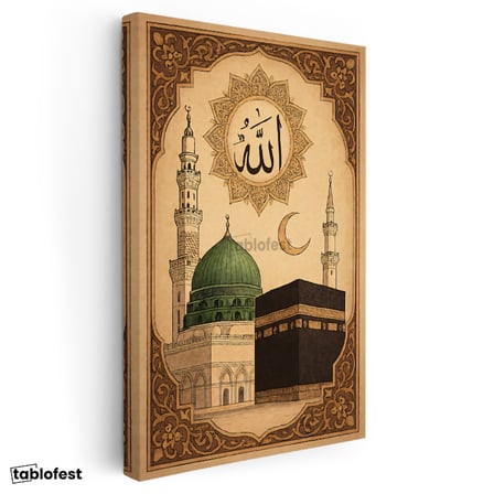 Dikey Kanvas Tablo Kabe ve Mescidi Nebevi Yeşil Kubbe Dini İslami Tablo Ev Ofis Duvar Dekoru