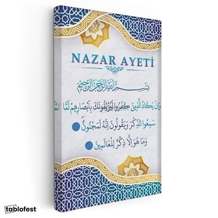 Dikey Kanvas Tablo Nazar Ayeti Kaligrafi ve Motifli Dini İslami Tablo Ev Ofis Duvar Dekoru
