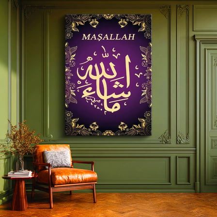 Dikey Kanvas Tablo Maşallah Yazısı Mor Zemin Süslemeli Dini İslami Tablo Ev Ofis Duvar Dekoru