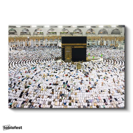Yatay Kanvas Tablo Kabe Tavaf Dairesel İnsan Seli Dini İslami Tablo Ev Ofis Duvar Dekoru