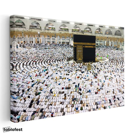 Yatay Kanvas Tablo Kabe Tavaf Dairesel İnsan Seli Dini İslami Tablo Ev Ofis Duvar Dekoru