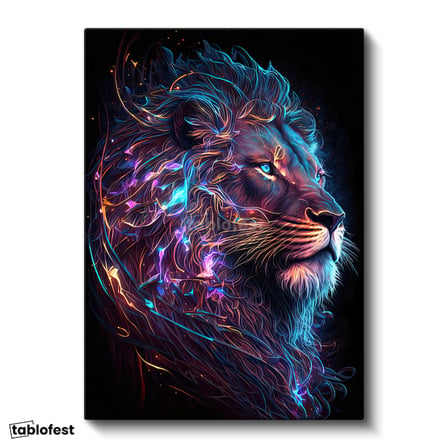 Dikey Kanvas Tablo Neon Çizgisel Aslan Tablosu Ev Ofis Duvar Dekoru