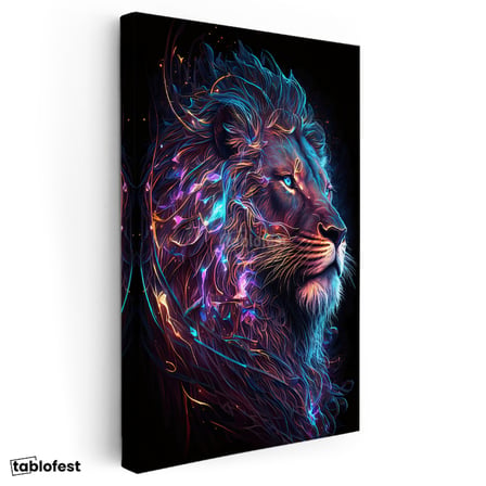 Dikey Kanvas Tablo Neon Çizgisel Aslan Tablosu Ev Ofis Duvar Dekoru