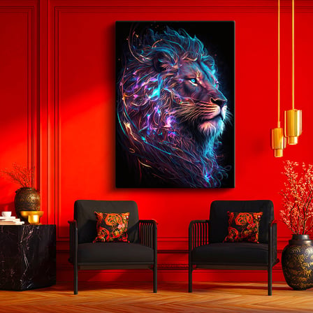 Dikey Kanvas Tablo Neon Çizgisel Aslan Tablosu Ev Ofis Duvar Dekoru