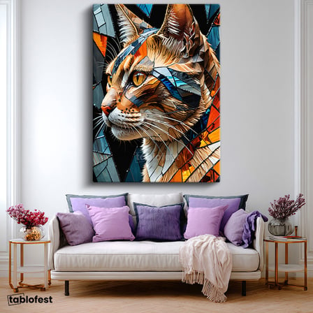 Dikey Kanvas Tablo Mozaik Kedi Hayvan Tablosu Ev Ofis Duvar Dekoru