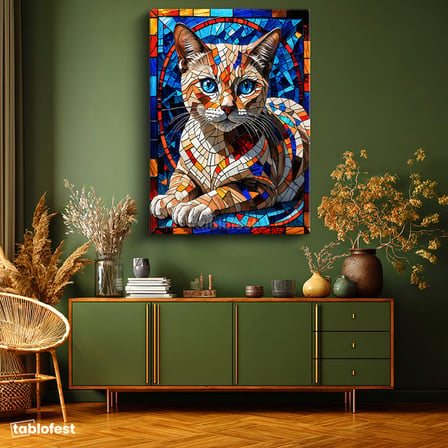 Dikey Kanvas Tablo Vitray Kedi Hayvan Tablosu Ev Ofis Duvar Dekoru