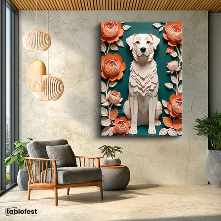 Dikey Kanvas Tablo Köpek ve Çiçekler Hayvan Tablosu Ev Ofis Duvar Dekoru