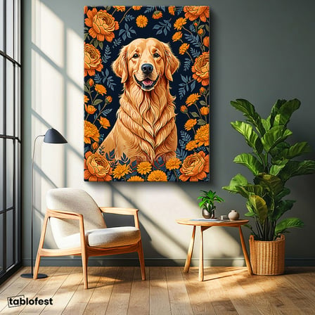 Dikey Kanvas Tablo Golden Retriever Çiçekler Hayvan Tablosu Ev Ofis Duvar Dekoru