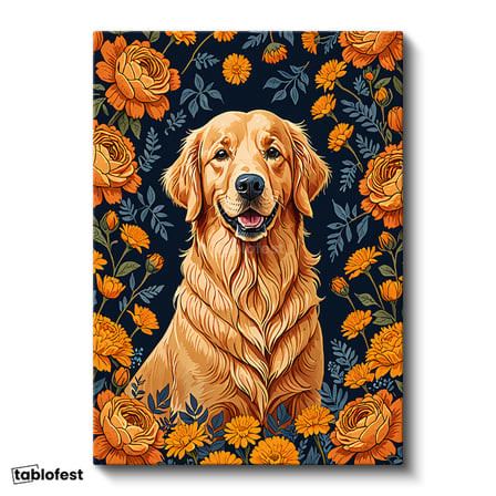 Dikey Kanvas Tablo Golden Retriever Çiçekler Hayvan Tablosu Ev Ofis Duvar Dekoru