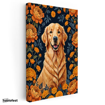 Dikey Kanvas Tablo Golden Retriever Çiçekler Hayvan Tablosu Ev Ofis Duvar Dekoru