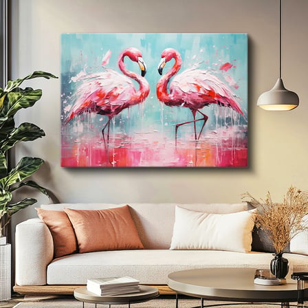 Yatay Kanvas Tablo Yağlı Boya Dokulu Sanatsal Flamingo Tablosu Ev Ofis Duvar Dekoru