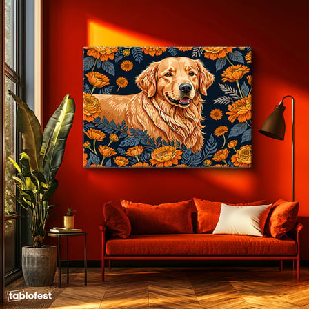 Yatay Kanvas Tablo Golden Retriever Çiçek Hayvan Tablosu Ev Ofis Duvar Dekoru