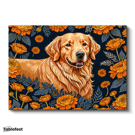Yatay Kanvas Tablo Golden Retriever Çiçek Hayvan Tablosu Ev Ofis Duvar Dekoru