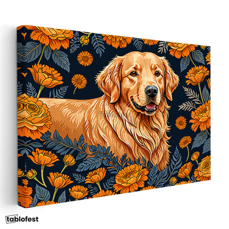 Yatay Kanvas Tablo Golden Retriever Çiçek Hayvan Tablosu Ev Ofis Duvar Dekoru