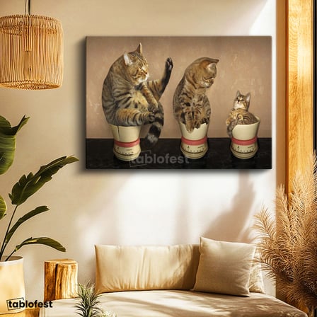 Yatay Kanvas Tablo Terazi Üzerinde Üç Kedi Kedi Tablosu Ev Ofis Duvar Dekoru