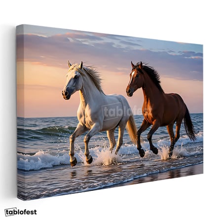 Yatay Kanvas Tablo Deniz Kıyısı At Tablosu Ev Ofis Duvar Dekoru