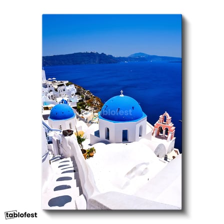 Dikey Kanvas Tablo Santorini Mavi Kubbeli Evler Şehir Mimari Tablo Ev Ofis Duvar Dekoru