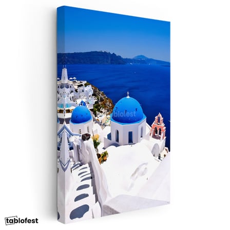Dikey Kanvas Tablo Santorini Mavi Kubbeli Evler Şehir Mimari Tablo Ev Ofis Duvar Dekoru