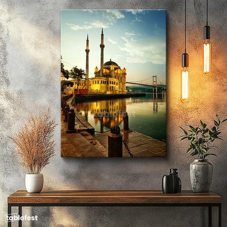 Dikey Kanvas Tablo İstanbul Ortaköy Camii ve Köprü Şehir Mimari Tablo Ev Ofis Duvar Dekoru
