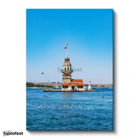 Dikey Kanvas Tablo Kız Kulesi ve Mavi Deniz Manzarası Şehir Mimari Tablo Ev Ofis Duvar Dekoru