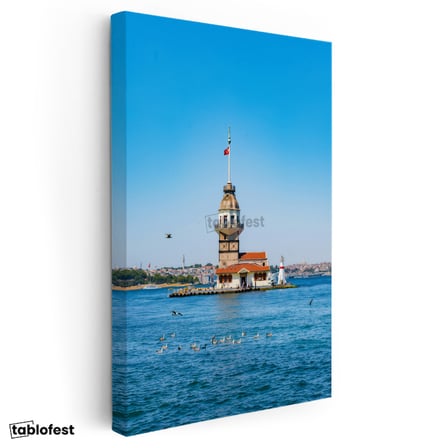 Dikey Kanvas Tablo Kız Kulesi ve Mavi Deniz Manzarası Şehir Mimari Tablo Ev Ofis Duvar Dekoru