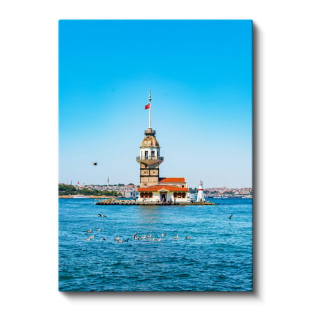 Dikey Kanvas Tablo Kız Kulesi ve Mavi Deniz Manzarası Şehir Mimari Tablo Ev Ofis Duvar Dekoru