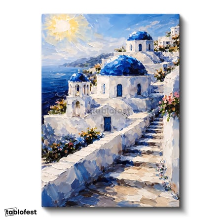 Dikey Kanvas Tablo Santorini Adası Ve Merdivenli Evler Şehir Ve Mimari Tablo Ev Ofis Duvar Dekoru