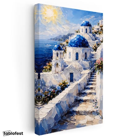 Dikey Kanvas Tablo Santorini Adası Ve Merdivenli Evler Şehir Ve Mimari Tablo Ev Ofis Duvar Dekoru