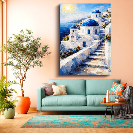 Dikey Kanvas Tablo Santorini Adası Ve Merdivenli Evler Şehir Ve Mimari Tablo Ev Ofis Duvar Dekoru