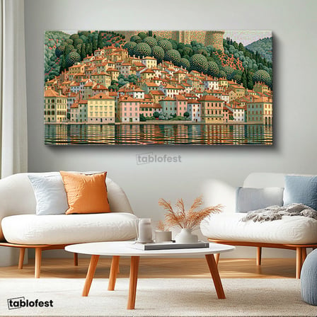 Yatay Panoramik Kanvas Tablo İtalya Kasabası Manzara Tablosu Ev Ofis Duvar Dekoru