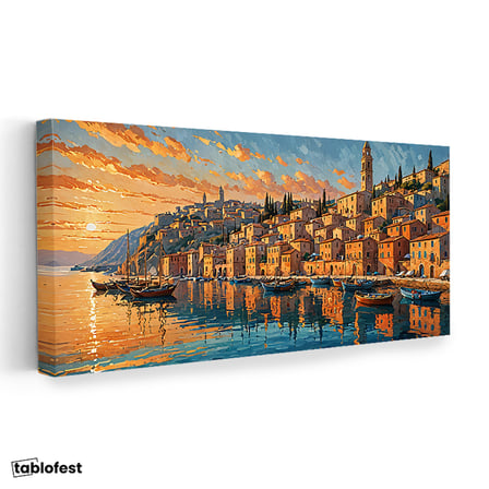 Yatay Panoramik Kanvas Tablo İtalyan Sahil Kasabası Manzara Tablosu Ev Ofis Duvar Dekoru
