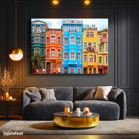 Yatay Kanvas Tablo İstanbul Balat Evleri Şehir Mimari Tablo Ev Ofis Duvar Dekoru